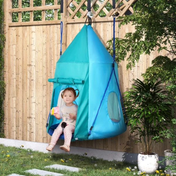 Buitenzonnestschommel Met Tent, Ø100 Cm, In Lengte Verstelbare Touwen, Waterdicht, Belastbaar Tot 150 Kg, Blauwgroen 2