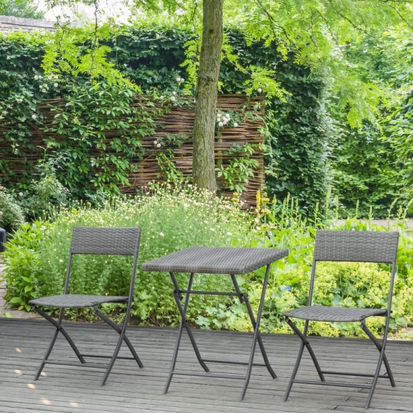  3 St. Tuinmeubelen, 2 Klapstoelen, 1 Klaptafel, Rotan Look, Metalen Frame, Grijs 2