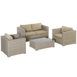  4 St. Polyrotan Tuinmeubelset, Tuinset, Tuinset, Loungeset, Loungeset, Loungemeubel Met Salontafel, Zitkussen, Kaki En Beige 1