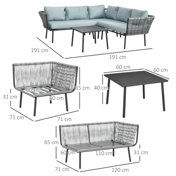  4 St. Tuinmeubelen, 2x 2-persoonsbank, 1x Hoekbank, 1x Bijzettafel, Rotan Look, Grijs 3