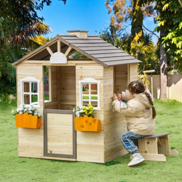  Speelhuis Voor Kinderen, Houten Kinderspeelhuis Met Raam, Brievenbus, Tuinspeelhuis Buiten Met Bloempotrek, Houten Speelhuis Voor 3-7 Jaar, Vurenhout, Naturel, 113 X 94 X 134,5 Cm 2