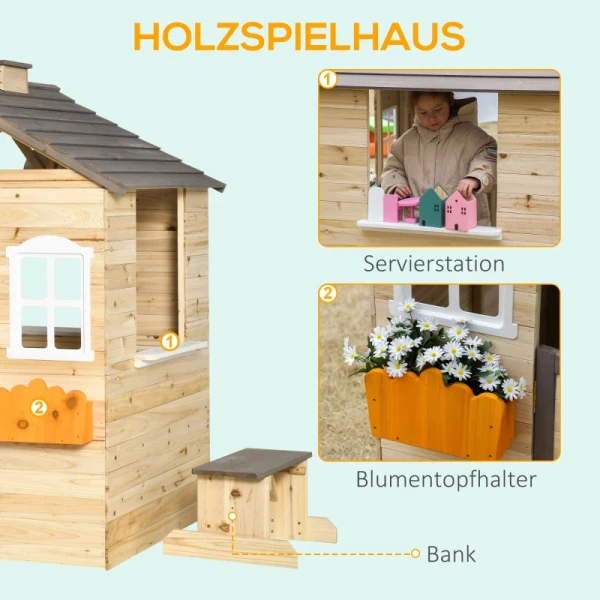  Speelhuis Voor Kinderen, Houten Kinderspeelhuis Met Raam, Brievenbus, Tuinspeelhuis Buiten Met Bloempotrek, Houten Speelhuis Voor 3-7 Jaar, Vurenhout, Naturel, 113 X 94 X 134,5 Cm 5