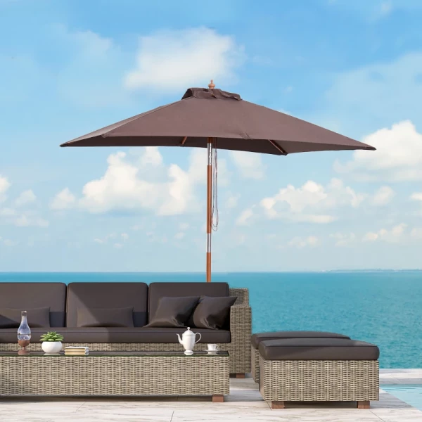 e Parasol, Opvouwbare Tuinparasol, Strandparasol, 3-traps Verstelbaar, Dennenhout + Polyester Koffie 200 X 150 X 230 Cm 2