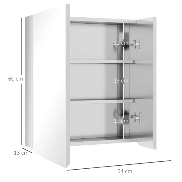  Spiegelkast, Badkamerkast, 2 Spiegeldeuren, 3 Binnenplanken, Roestvrij Staal, Kleur: Zilver, 54 X 13 X 60 Cm 3