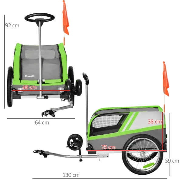  2-in-1 Hondenaanhanger Trolley Voor Huisdier Fietskar Hondendrager Hondenfietsaanhanger Huisdierenkar Ademend Metaal Oxfordstof Groen+grijs 130 X 64 X 92 Cm 3