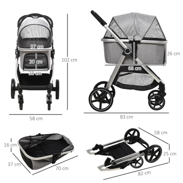  2-in-1 Hondenbuggy Incl. Kussen, Opvouwbaar, 1 Opbergmand, 83 Cm X 58 Cm X 102 Cm, Lichtgrijs + Zilver 3