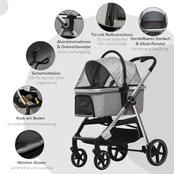  2-in-1 Hondenbuggy Incl. Kussen, Opvouwbaar, 1 Opbergmand, 83 Cm X 58 Cm X 102 Cm, Lichtgrijs + Zilver 8