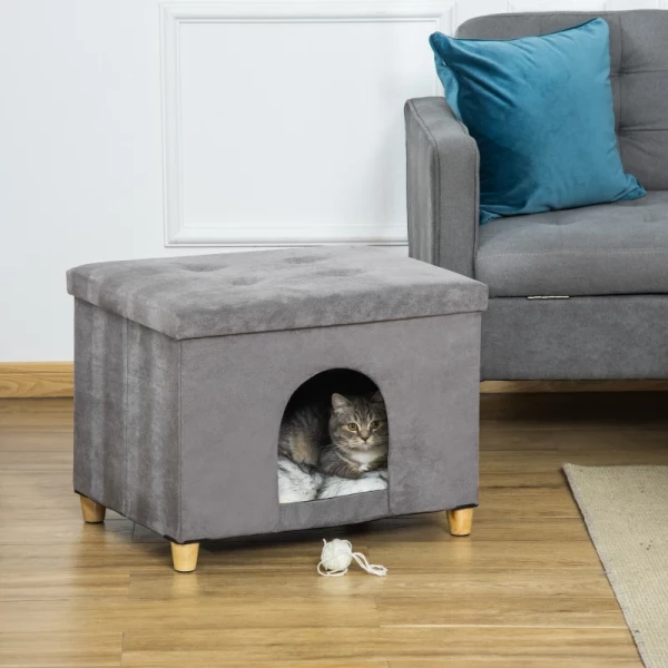  2-in-1 Kattengrot Voetenbank Met Kussen Houten Poten Kattenhuis Kattenmand Zacht Gewatteerde Poef Elegant Ontwerp Verwijderbaar MDF Pluche Grijs 60 X 45 X 44,5 Cm 2