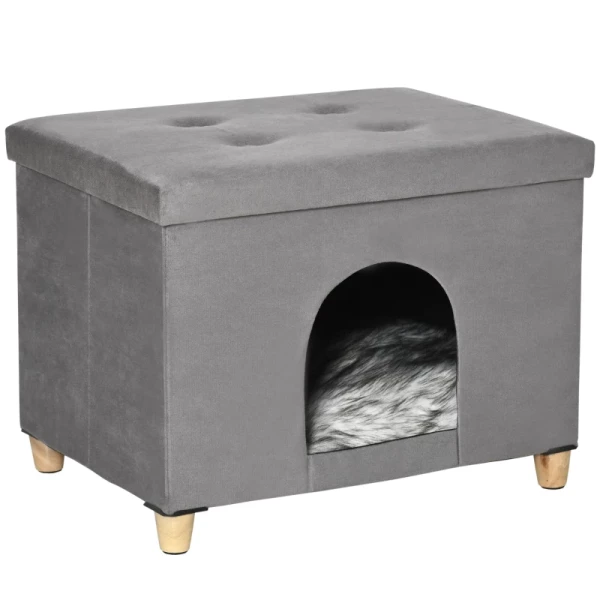 2-in-1 Kattengrot Voetenbank Met Kussen Houten Poten Kattenhuis Kattenmand Zacht Gewatteerde Poef Elegant Ontwerp Verwijderbaar MDF Pluche Grijs 60 X 45 X 44,5 Cm 1