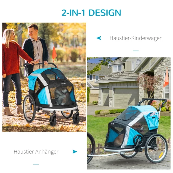  2-in-1 Opvouwbare Hondenkar Huisdier Fietskar Hondentransporter Hondenfietskar Oxfordstof Ademend Aluminium Oxfordstof Blauw + Zilver 150 X 82 X 108 Cm 4