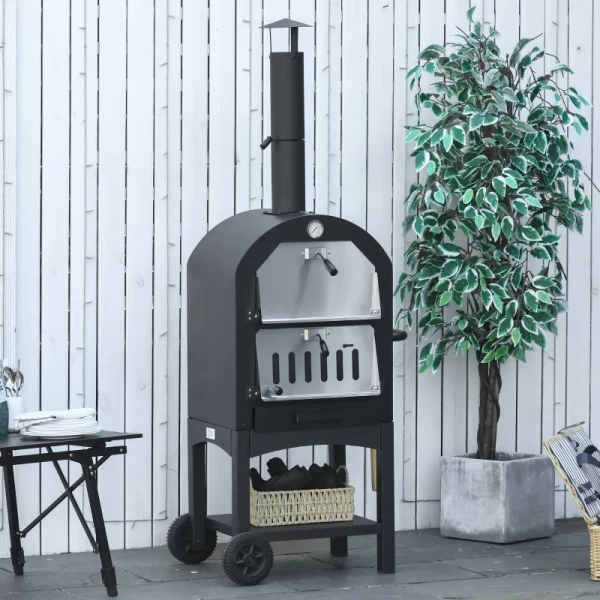  2-in-1 Outdoor Pizzaoven Met Rollen Grilloven Met Beschermhoes Pizzaschep 2 Grillnetten Grillwagen Met Schoorsteen 3-laags Houtoven Voor BBQ Staal Zwart + Zilver 63 X 54 X 161 Cm 2