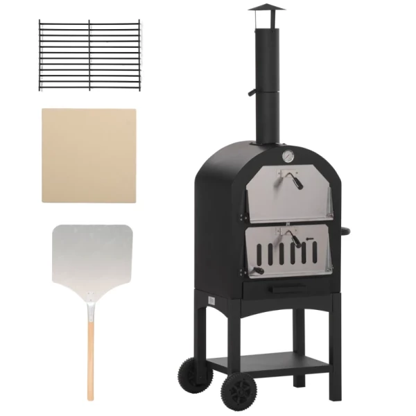  2-in-1 Outdoor Pizzaoven Met Rollen Grilloven Met Beschermhoes Pizzaschep 2 Grillnetten Grillwagen Met Schoorsteen 3-laags Houtoven Voor BBQ Staal Zwart + Zilver 63 X 54 X 161 Cm 11