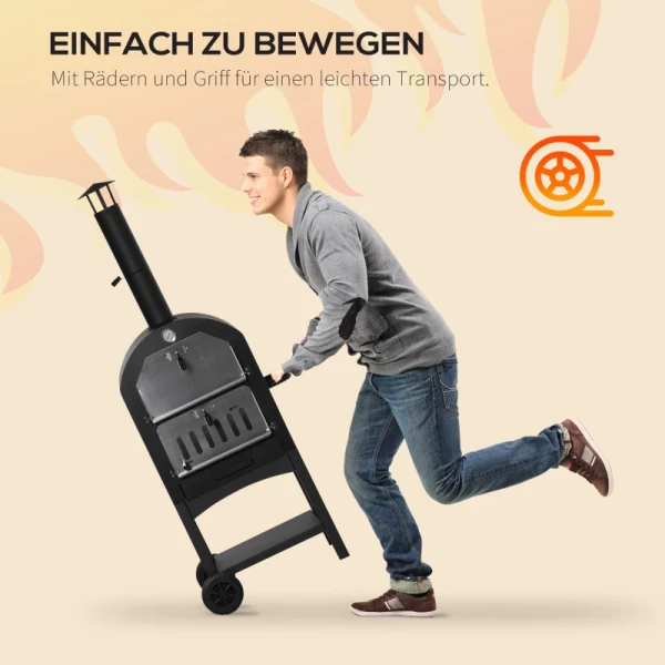  2-in-1 Outdoor Pizzaoven Met Rollen Grilloven Met Beschermhoes Pizzaschep 2 Grillnetten Grillwagen Met Schoorsteen 3-laags Houtoven Voor BBQ Staal Zwart + Zilver 63 X 54 X 161 Cm 8