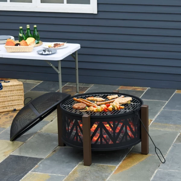  2-in-1 Vuurschaal Vuurplaats Met Vonkenvanger Grillrooster Tuinbarbecue Zwart + Bruin Ф78 X 60H Cm 2