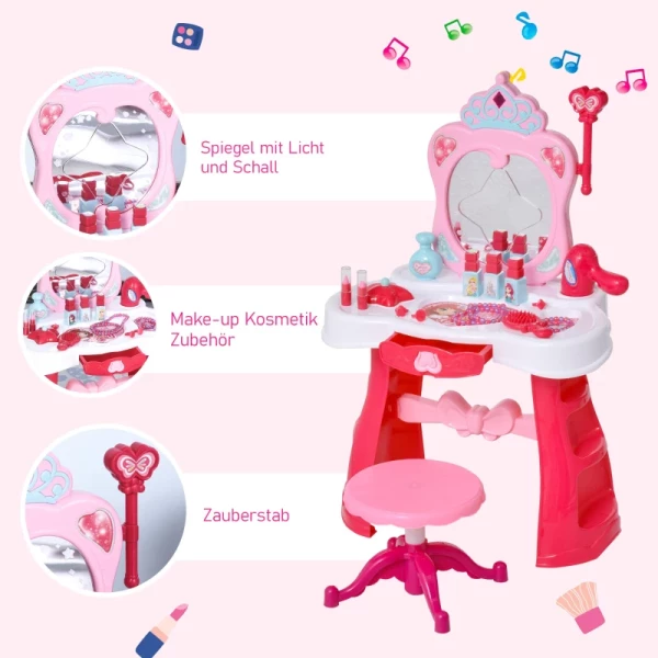  2-set Kinder Make-up Tafel Kaptafel Kaptafel Met Kruk Muziek Licht Meisje Make-up Spiegel Infrarood Sensor Roze + Wit 44x28x67 Cm 5