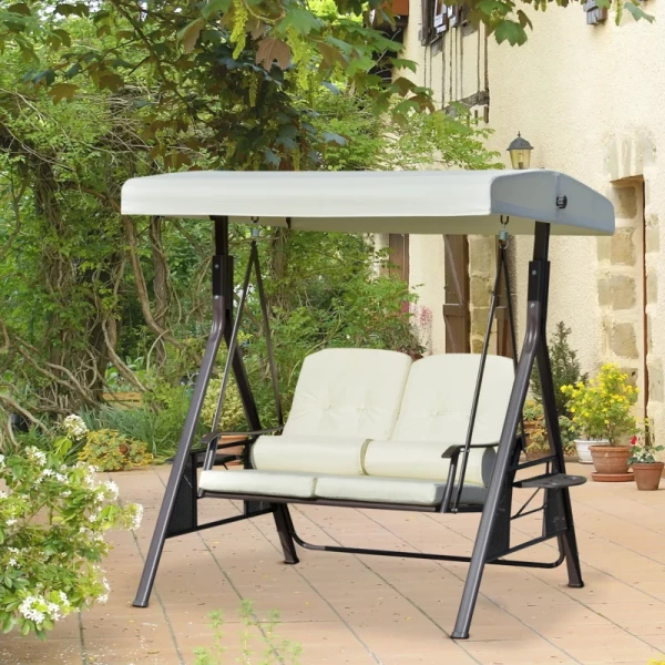  2-zits Tuinschommelstoel Met Luifel Kussenblad Metaal Polyester Beige 162 X 118 X 173 Cm 2