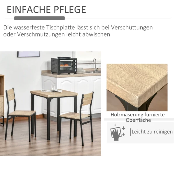  3-delige Eetkamerset, Eettafelset, Houten Tafel MDF + Metaal Natuurlijke Houtnerf + Zwart Met 1 Tafel + 2 Stoelen 6