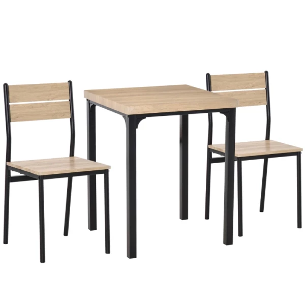 3-delige Eetkamerset, Eettafelset, Houten Tafel MDF + Metaal Natuurlijke Houtnerf + Zwart Met 1 Tafel + 2 Stoelen 1