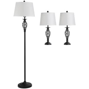  3-delige Lampenset 2 Tafellampen (ø38 X 158H Cm) + 1 Vloerlamp (ø30 X 62H Cm) Metaal, PS, Polyester, Katoen, Vintage, Zwart+wit 1