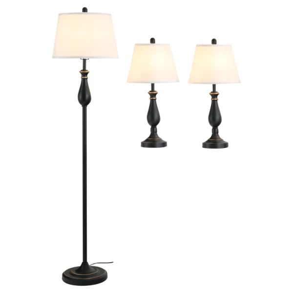  3-delige Lampenset 2 Tafellampen (ø38 X 158H Cm) + 1 Vloerlamp (ø30 X 62H Cm) Vintage, Zwart+wit, Metaal, PS, Polyester, Katoen E27 Lampvoet 2
