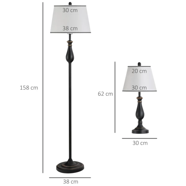  3-delige Lampenset 2 Tafellampen (ø38 X 158H Cm) + 1 Vloerlamp (ø30 X 62H Cm) Vintage, Zwart+wit, Metaal, PS, Polyester, Katoen E27 Lampvoet 3