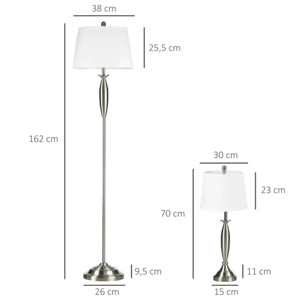  3-delige Lichtset. 1 Vloerlamp, 2 Tafellampen, Linnenlook; 38 Cm X 38 Cm X 158 Cm, Zilver + Wit 3