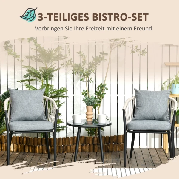  3-delige Tuinmeubelset Rond Tafelblad Van Gehard Glas, Twee Stoelen, Grijs 4