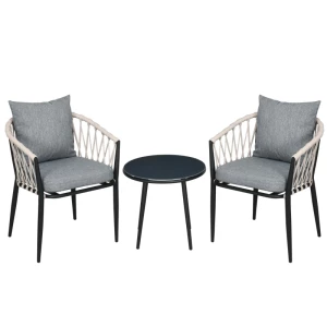  3-delige Tuinmeubelset Rond Tafelblad Van Gehard Glas, Twee Stoelen, Grijs 1