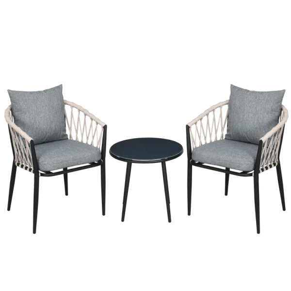 3-delige Tuinmeubelset Rond Tafelblad Van Gehard Glas, Twee Stoelen, Grijs 1