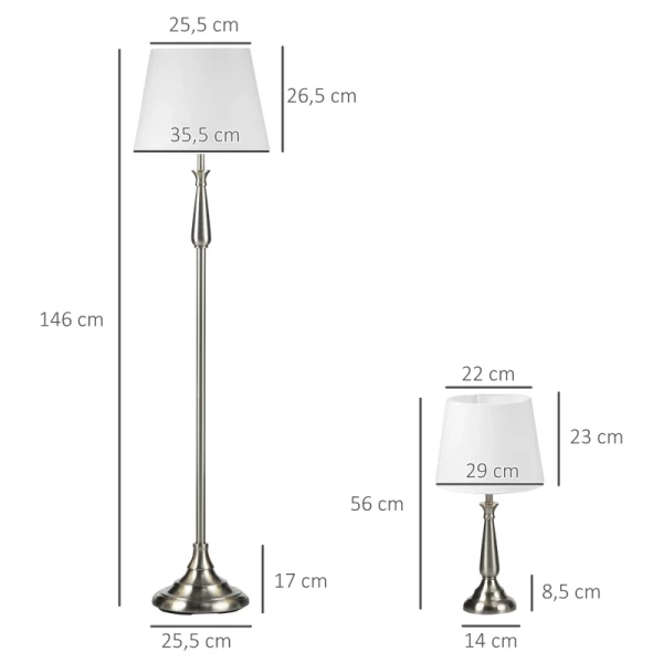  3-delige Vintage Design Lampenset, 2 Tafellampen, 1 Vloerlamp, 35,5 Cm X 35,5 Cm X 146 Cm, Zilver + Wit 3