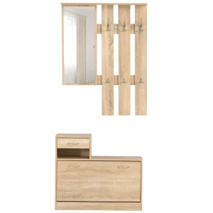  3-in-1 Garderobekast, Halkast Met Schoenenkast, Wandspiegel, 6 Haken, Naturel, 30,5 X 75,5 Cm (spiegel) 1