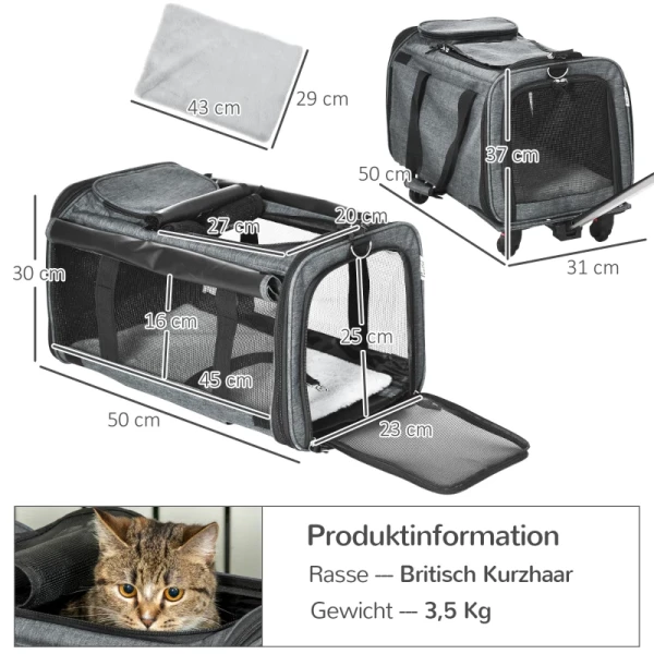  3-in-1 Huisdierentrolley, Huisdierendrager, Autostoel Voor Huisdieren, Telescopische Paal, 2 Zakken, Grijs + Zwart 3