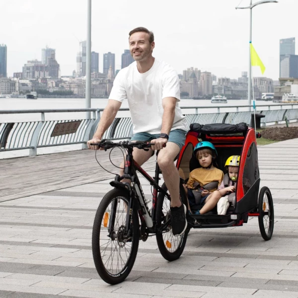  3 In 1 Kinderkar Aluminium Kinder Jogger Fietskar Fietskar Voor 2 Kinderen Met Vlag Rood + Zwart 2