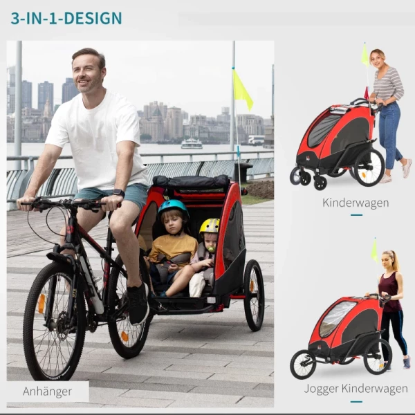  3 In 1 Kinderkar Aluminium Kinder Jogger Fietskar Fietskar Voor 2 Kinderen Met Vlag Rood + Zwart 4