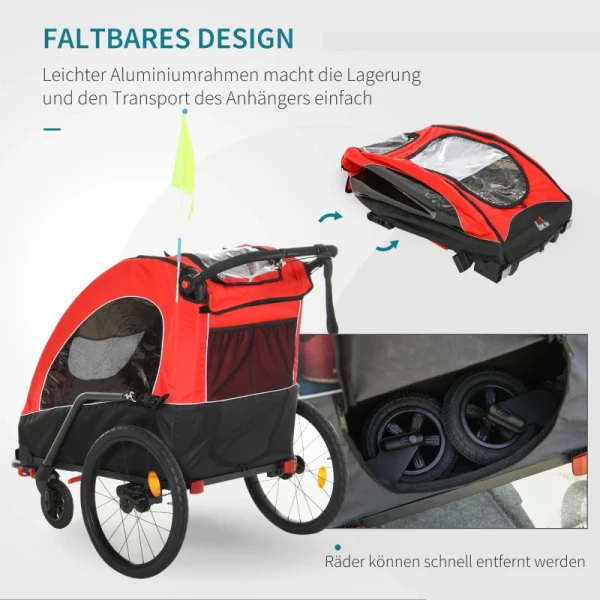  3 In 1 Kinderkar Aluminium Kinder Jogger Fietskar Fietskar Voor 2 Kinderen Met Vlag Rood + Zwart 6