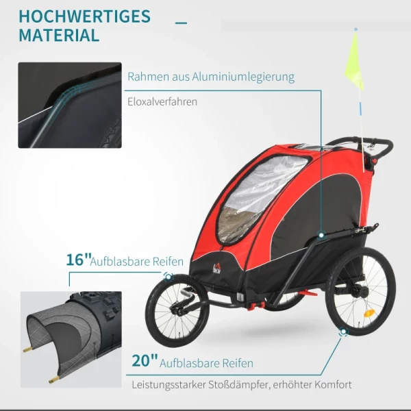  3 In 1 Kinderkar Aluminium Kinder Jogger Fietskar Fietskar Voor 2 Kinderen Met Vlag Rood + Zwart 7