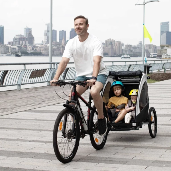  3 In 1 Kinderkar Aluminium Kinder Jogger Fietskar Fietskar Voor 2 Kinderen Met Vlag Wit + Zwart 2