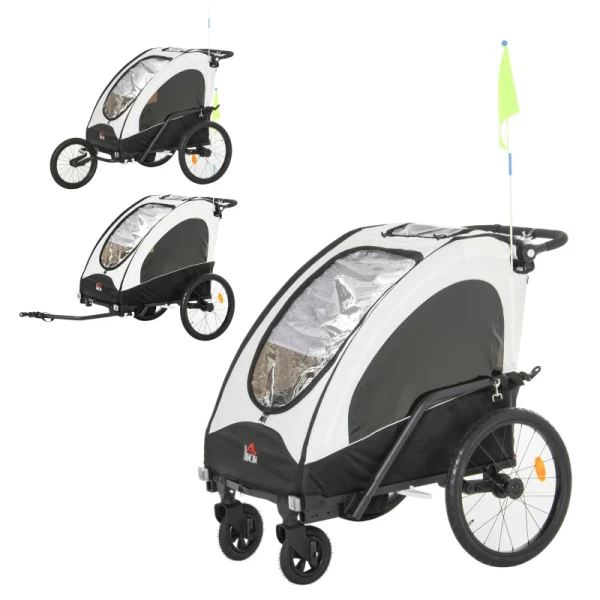 3 In 1 Kinderkar Aluminium Kinder Jogger Fietskar Fietskar Voor 2 Kinderen Met Vlag Wit + Zwart 1