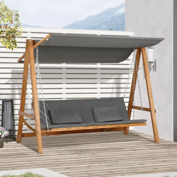  3-persoons Tuinschommel, Neerklapbaar Tot Tweepersoonsbed, Grijs+teak, 225,5 X 113 X 180 Cm 10