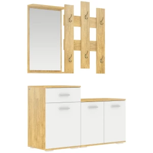  3 St. Kledingkast Met Spiegel, 6 Dubbele Haken, Twee Schoenenkasten, Zitting, Houtlook + Wit, 104 X 35 X 64 Cm 1