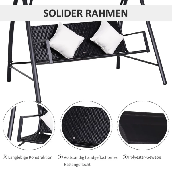 3-zits Hollywood-schommel Van Polyrotan Metaal Met Kussen Belastbaar Tot 360 Kg Nieuw (zwart) 5