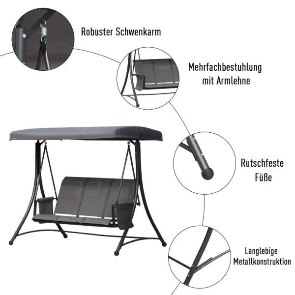  3-zits Tuinschommel Met Luifel, Schommelbank Met Plank, Aluminium, Grijs, 196 X 128 X 172 Cm 6