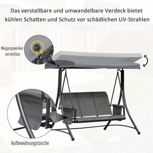  3-zits Tuinschommel Met Luifel, Schommelbank Met Plank, Aluminium, Grijs, 196 X 128 X 172 Cm 7