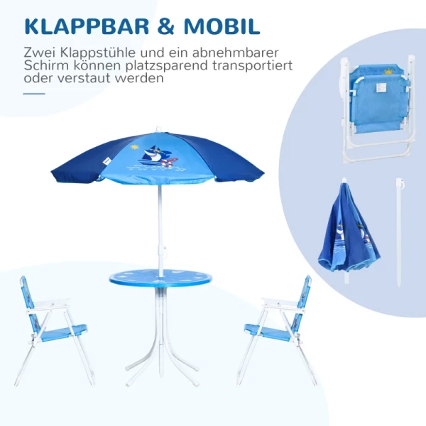  4-delige Kindermeubelset Tuin Tuintafel 2 Klapstoelen Parasol Camping Kinderzitje Set Tuinmeubelen Voor 3-6 Jaar Blauw 4