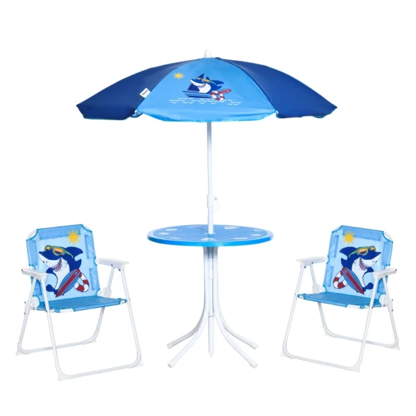 4-delige Kindermeubelset Tuin Tuintafel 2 Klapstoelen Parasol Camping Kinderzitje Set Tuinmeubelen Voor 3-6 Jaar Blauw 1