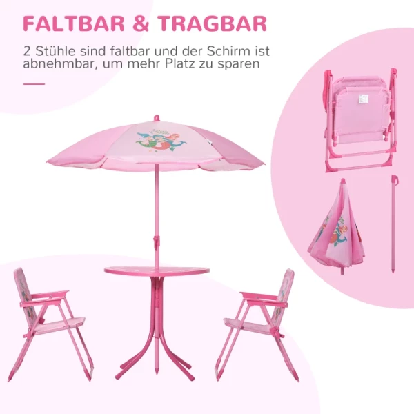  4-delige Kindermeubelset Tuin Tuintafel 2 Klapstoelen Parasol Camping Kinderzitje Set Tuinmeubelen Voor 3-6 Jaar Roze 4