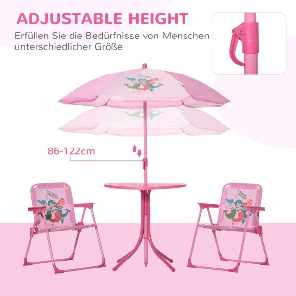  4-delige Kindermeubelset Tuin Tuintafel 2 Klapstoelen Parasol Camping Kinderzitje Set Tuinmeubelen Voor 3-6 Jaar Roze 5