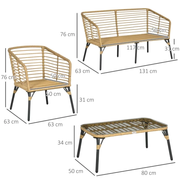  4-delige Rotan Tuinmeubelset Boho-stijl Weerbestendige Afneembare Hoezen Naturel + Donkergrijs 131cm X 63cm X 76cm 3