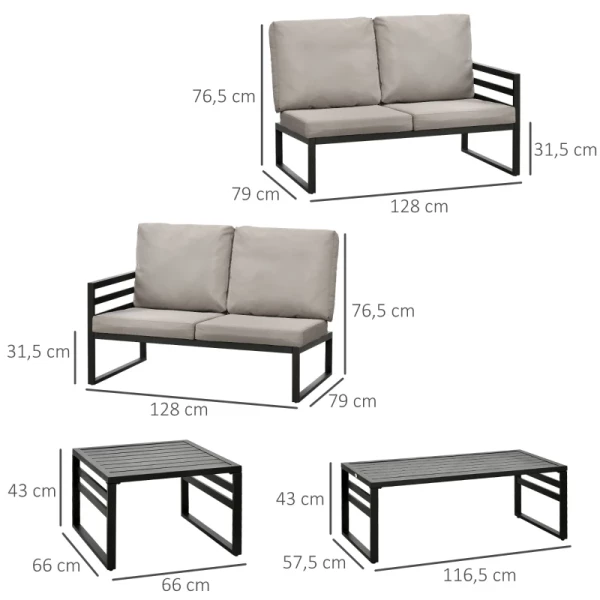  4-delige Tuinmeubelset 2 Banken 2 Tafels Weerbestendig 128 Cm X 79 Cm X 76,5 Cm Lichtgrijs + Zwart 3