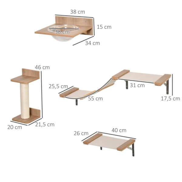  4st. Klimmuur Voor Katten Kat Klimmuur Met Krabpaal Kattentrap Kattenmeubel Hangmat Lichtbruin Sisal Acryl Grenen 3